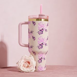 stanley flowstate insulated tumbler 40oz, cute pink bow & floral design on cream, durable stainless steel water bottle with handle