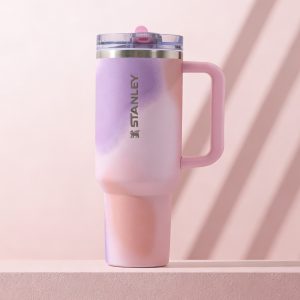 stanley handle tumbler with straw all day temperature retention, leak proof design, lightweight insulated cup for iced coffee & water, petal flow shadow
