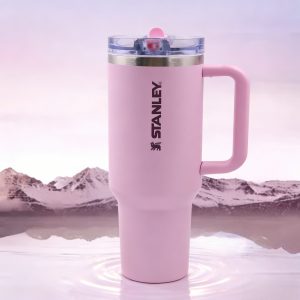 stanley 40 oz insulated tumbler 11 hour cold retention, 2 day iced drinks, light pink cup with handle & straw