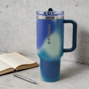 stanley 40 oz tumbler insulated for hot drinks & cold drinks, dishwasher safe with handle, gradient blue green