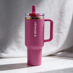 stanley quencher protour travel tumbler easy clean spout, 40 oz insulated cup, durable, bright pink