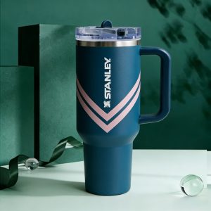 stanley vibrant design tumbler, durable 40oz stainless steel for hot/cold drinks (teal with pink stripe)