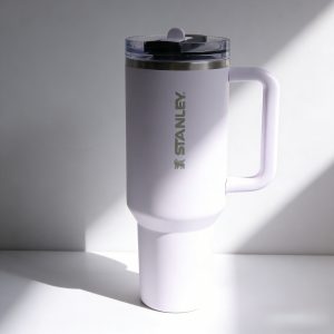 stanley handle tumbler with leak proof lid insulated travel cup for hot & cold drinks, durable & spill resistant, silvery white