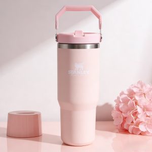 stanley insulated cup with handle stainless steel tumbler, spill resistant, reusable for daily use & outdoor, pink color blocking