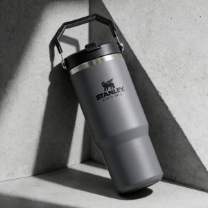 stanley 30oz insulated tumbler for on the go carry handle design, keeps drinks hot & cold long time, durable gray