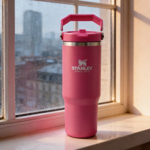 stanley 30oz all day tumbler insulated stainless steel with carry handle, leak proof lid for travel, hot pink color