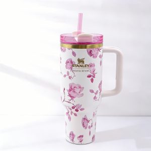stanley 40oz artistic watercolor rose tumbler, leak resistant & portable for on the go (white with pink rose watercolor print)