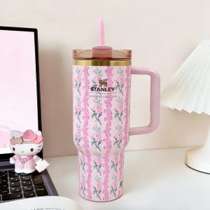 stanley pink stripe floral tumbler 40oz, gold trim & comfort grip handle, stainless steel water bottle keeps drinks cold and hot