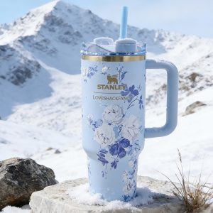 stanley 40oz flowstate tumbler, light blue with blue floral print by loveshackfancy, insulated drinkware with handle for women, gift idea