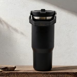 stanley insulated tumbler with carry handle 30oz leak proof seal, keeps drinks hot & cold all day, stainless steel, black