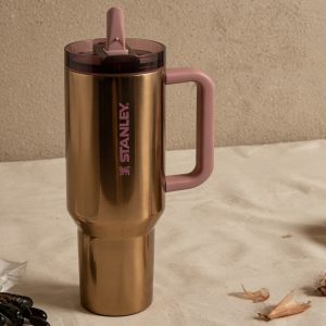 stanley rose gold tumbler, purple stanley logo, 40oz large capacity, double wall vacuum insulation, perfect gift idea