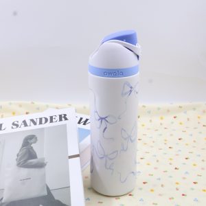 owala 24oz water bottle with straw, stainless steel insulated sport cup, blue ribbon design, leakproof & sweatproof for gym fitness hiking