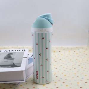 owala freesip 24oz water bottle with straw, vacuum insulated stainless steel tumbler, blue cherry pattern design, leakproof for sport gym travel hiking