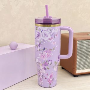 40oz elegant watercolor flower design tumbler, temperature control & travel ready (lavender purple with watercolor floral print) (copy)