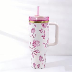 40oz artistic watercolor rose tumbler, leak resistant & portable for on the go (white with pink rose watercolor print)