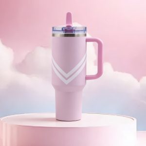 40oz tumbler with comfort grip handle & soft pattern design (lavender pink with light white stripe)
