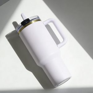 reusable tumbler lifestyle edition, insulated design fits car holders, gold & white pattern
