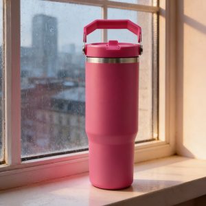 30oz all day tumbler insulated stainless steel with carry handle, leak proof lid for travel, hot pink color