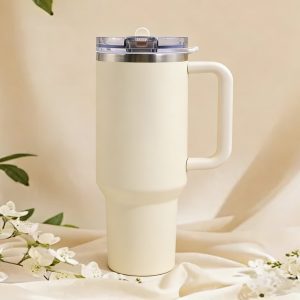 quencher travel tumbler built in straw, vacuum insulated for all day, easy carry handle, cream beige
