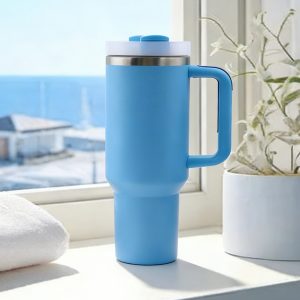 flowstate lid tumbler, 40oz capacity for hot and cold drinks (blue)
