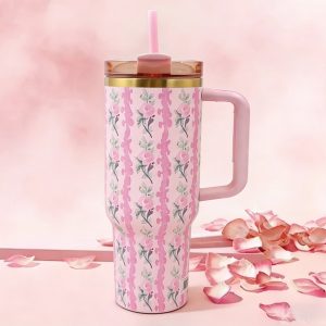 pink stripe floral tumbler 40oz, gold trim & comfort grip handle, stainless steel water bottle keeps drinks cold and hot