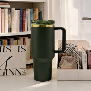 tumbler cup 40oz, premium insulated water bottle, dark forest green gold rim, gift for women men